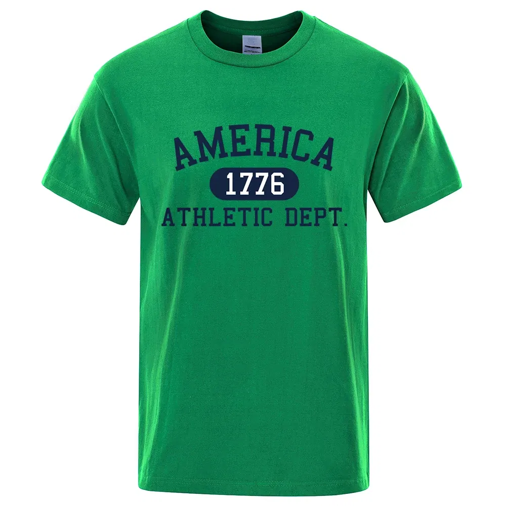 Color: Blue, Size: M - America 1776 Athletic Dept Letter Tshirt Man Fashion Tee Clothes Summer Luxury T-Shirt Hip Hop Breathable Cotton Tee Clothes
