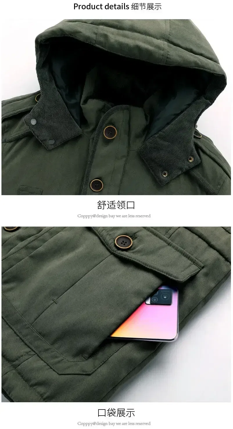Color: Khaki, Size: L - Winter Parka Military Outdoor Fleece Men Large SIZE Men Warm Jacket Men Cotton Windproof Casual Parka Stand Collar Lamb Cashmere