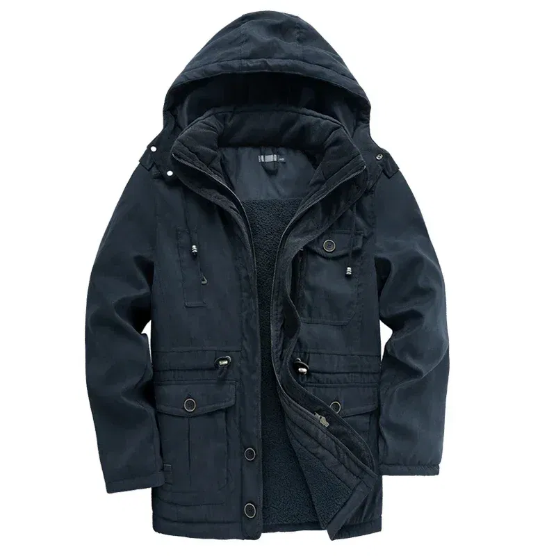 Color: Khaki, Size: L - Winter Parka Military Outdoor Fleece Men Large SIZE Men Warm Jacket Men Cotton Windproof Casual Parka Stand Collar Lamb Cashmere