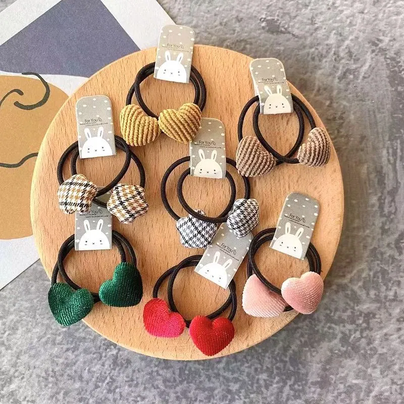 Color: Pink - 2pcs Velvet Heart Plaid Star Button Elastic Hair Bands Rubber Hair Rope Tie Girls Hair Scrunchie Ponytail Holder Gum Accessories