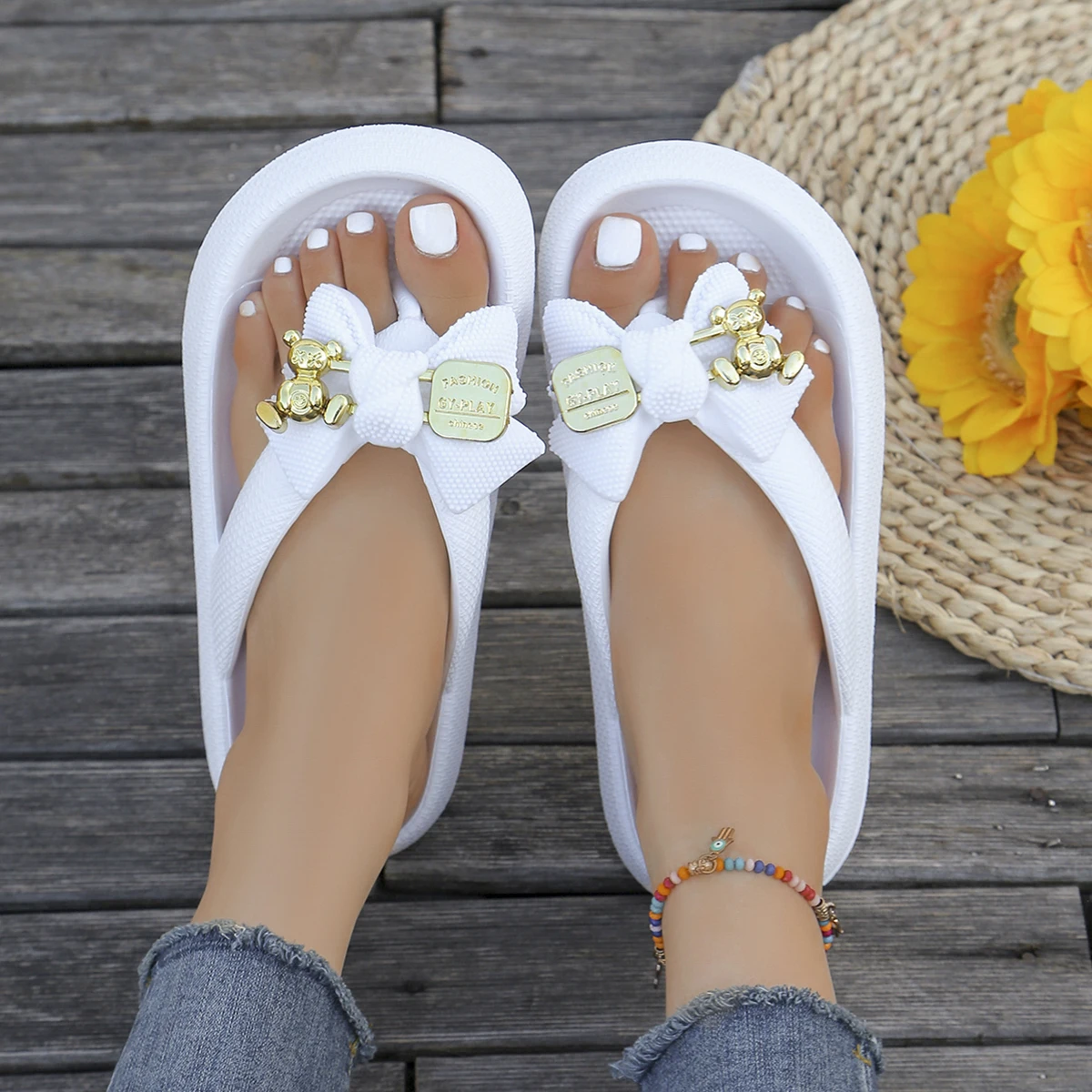 Color: Olivine, Shoe Size: 36-37 - Summer Multi Color Women's Flip Flops Fashionable Metallic Teddy Bear Bow Slide Sandal Beach Vacation Home Versatile Footwear