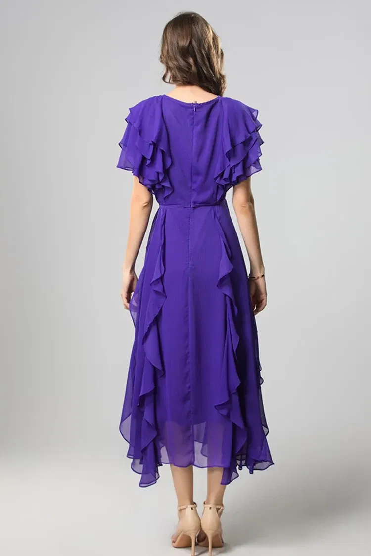Color: Pink, Size: XXL, Ships From: CHINA - SEQINYY Elegant Midi Dress Summer Spring New Fashion Design Women Runway Short Sleeve Ruffles Cascading High Street Casual