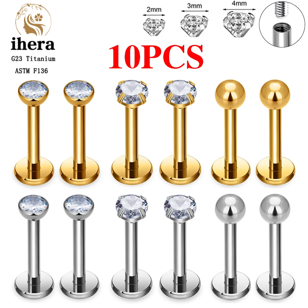 Metal color: Imitation Rhodium Plated, Ships From: CHINA, Main Stone Color: PURPLE - 10PCS G23 Titanium Labret Piercing Lip Ring 16G F136 Internal Thread Nose Stud Earring Tragus Helix Cartilage Piercing Jewelry