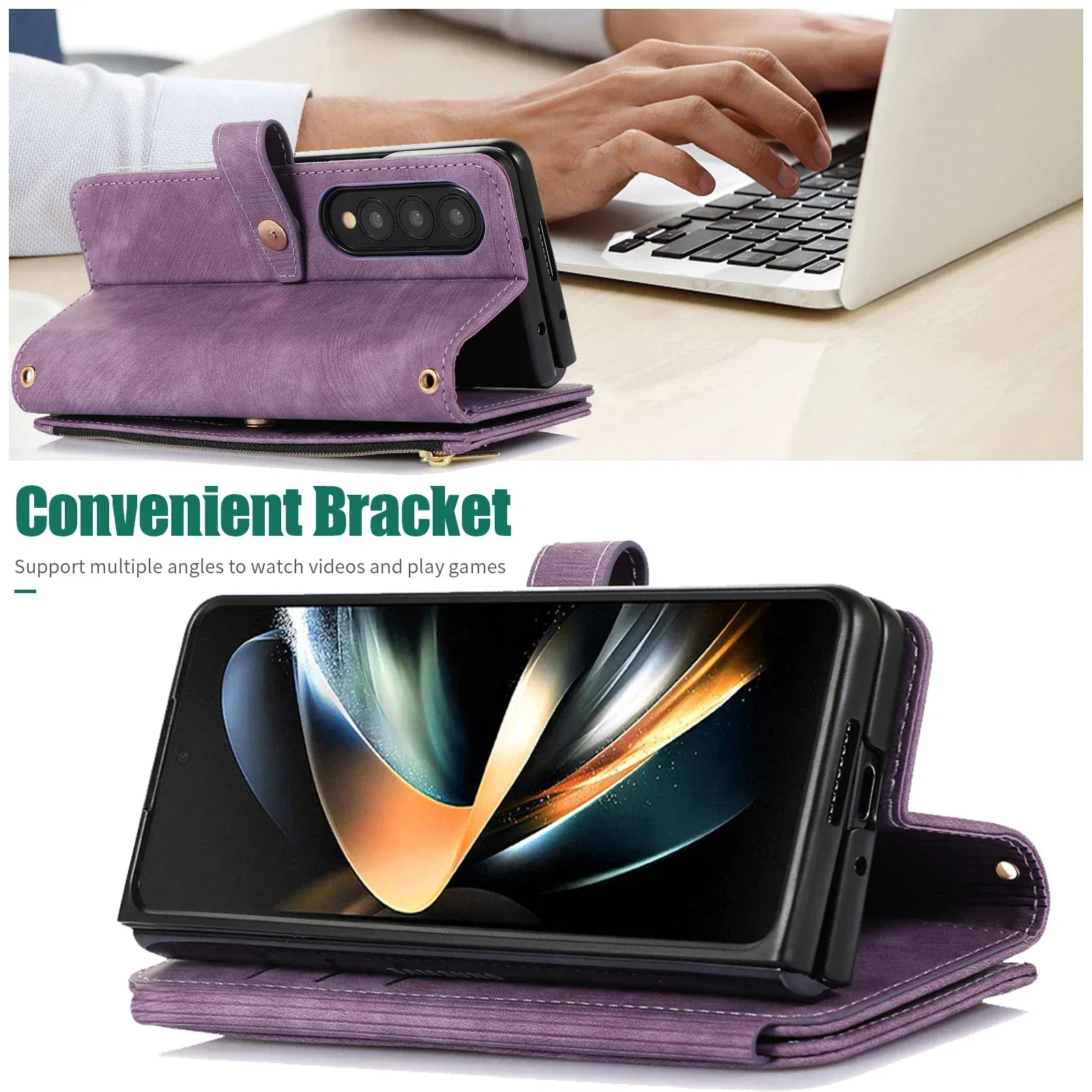 Color: SKY BLUE, Material: aluminum - Crossbody Wallet Phone Case for Samsung Galaxy Z Fold 6 5 4 3 Fold5 Fold4 Fold6 5G Card Holder Stand Lanyard Flip Leather Cover