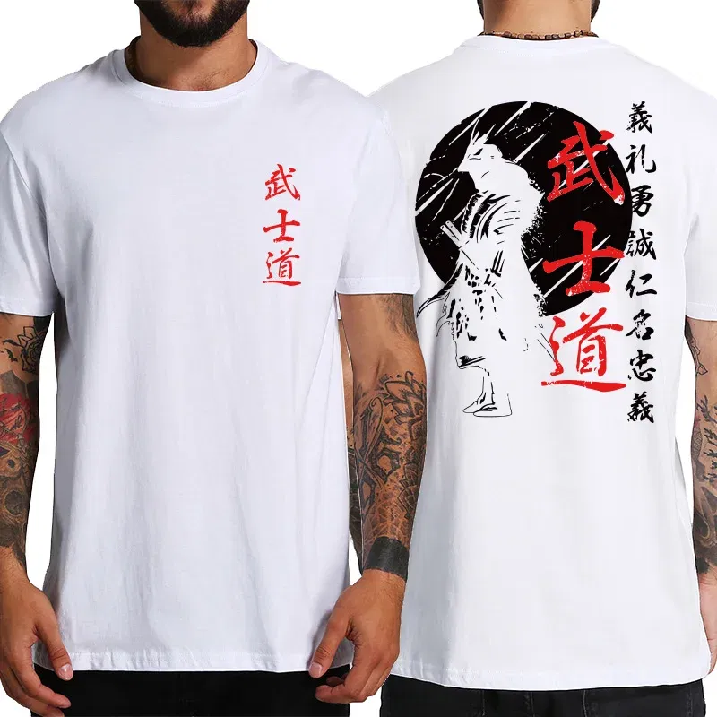 Color: SKY BLUE, Size: L - Japan Samurai Spirit T Shirts For Men Japanese Style Back Print Loose Oversized 100% Cotton Tops T-shirt Bushido Male Gifts Tee