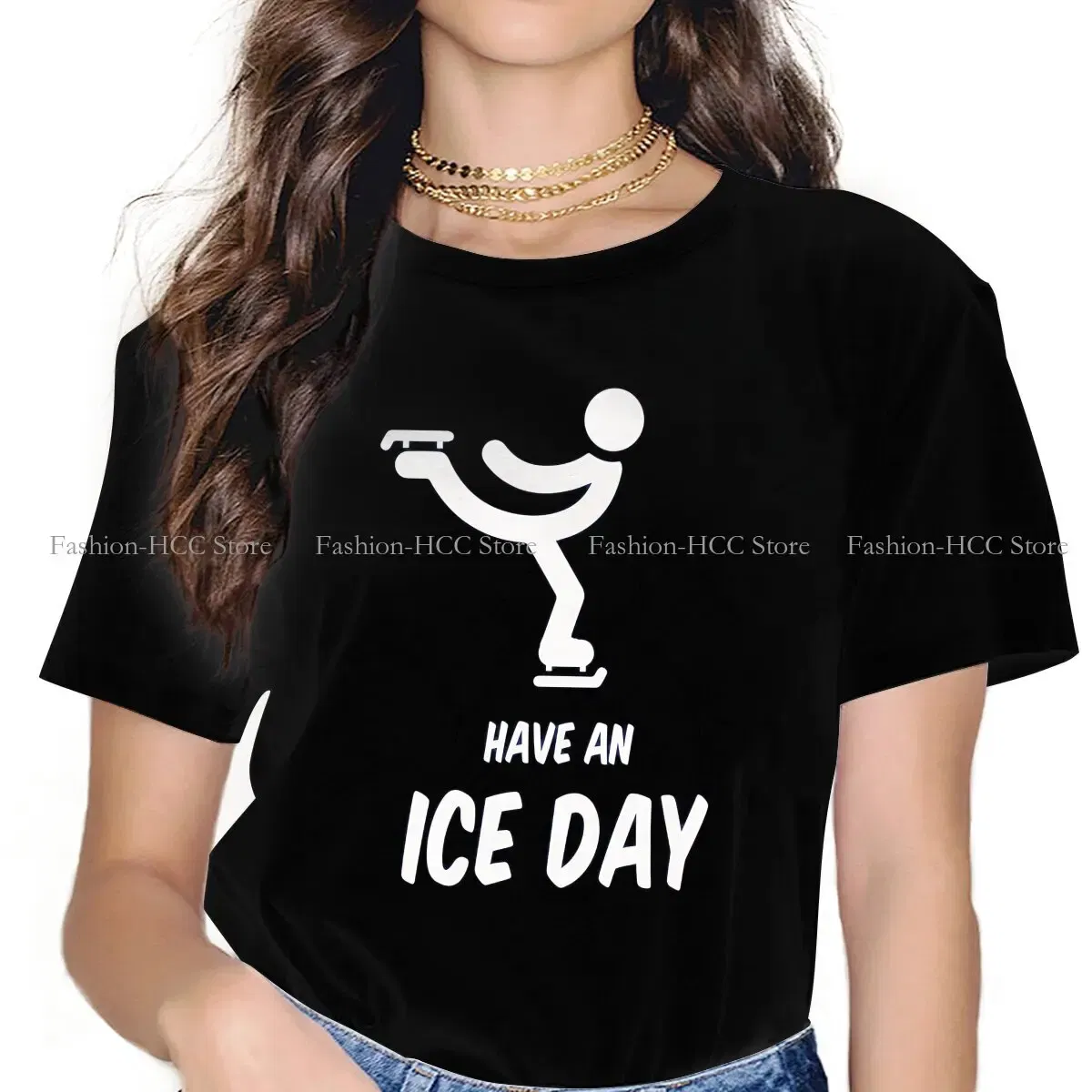 Color: black, Size: XXL - Have An Ice Day Round Collar TShirt Figure Skating Classic T Shirt Women Tops New Design