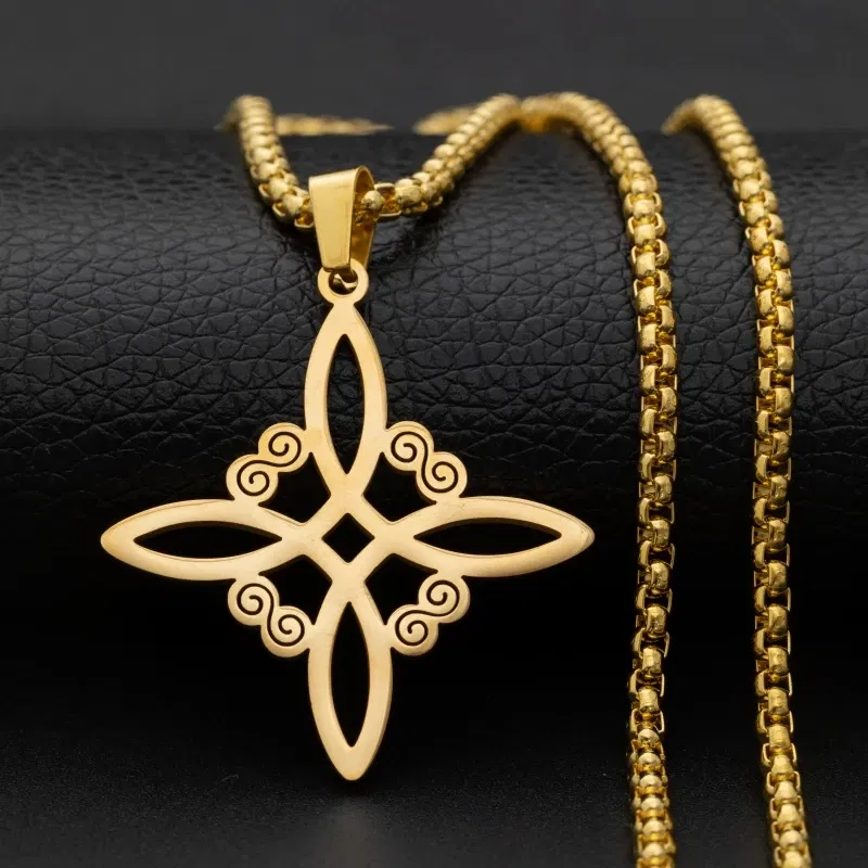 Metal Color: Rhodium Plated - Stainless Steel Silver Color Pattern Witch Knot Pendant Necklace Celtic Knot Lucky Jewelry Gift for Friends Family