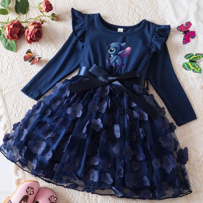 Color: Light Blue, Size: One Size, Height: 176 - Lilo Stitch Girl Baby Dresses Spring Autumn Child Long Sleeve Sweet Princess Dress Mesh Newborn Casual Dress Birthday Party 2-6Y