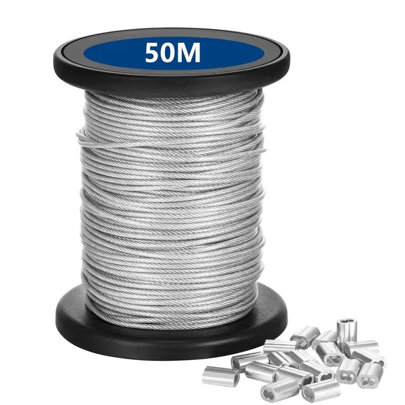 Diameter: 3mm - 1.5/2/3mm*50m Stainless Steel Wire Rope Resistant Strong Line PVC Coated Flexible Clothesline Kit