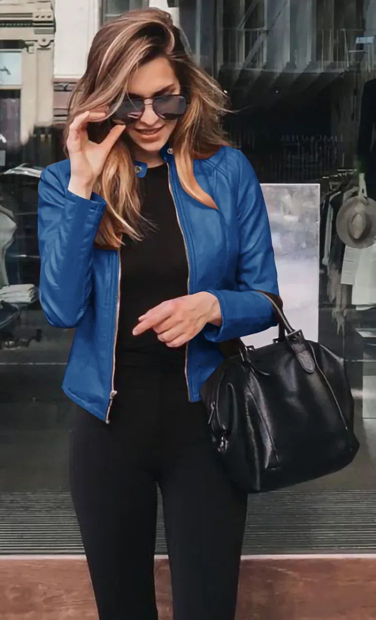 Color: Blue, Size: XL - Womens Spring Full Long Sleeve Jacket Coat Autumn Leather Blazer Winter Zipper Outwear Suit Cardigan Female Jackets