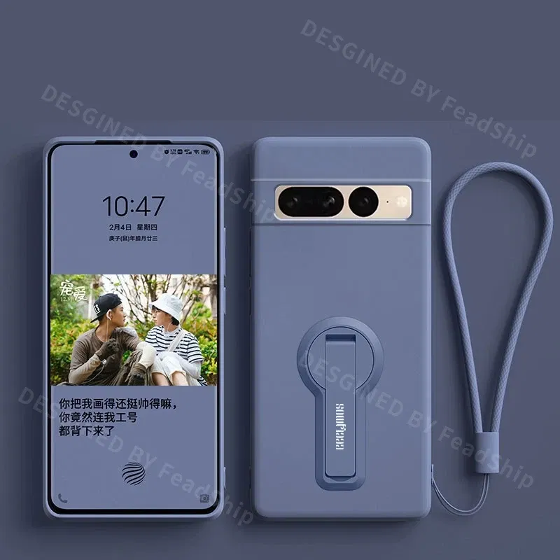 Color: SKY BLUE, Material: POLYESTER - Phone Case For Google Pixel 7 8 6 5 9 Pro XL Pixel 7A 6A 5A 8A 9A Soft Cover Silicone Case with Holder Stand Bracket Lanyard