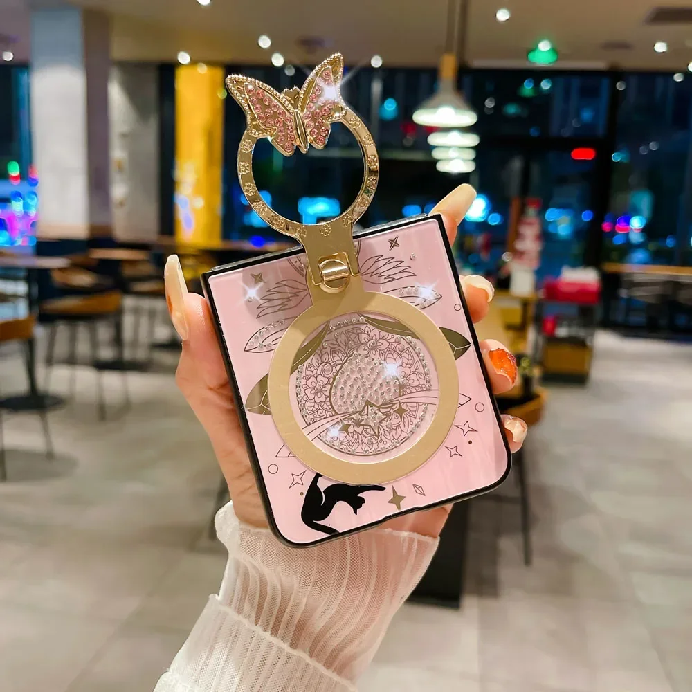 Material: Canvas, Color: Pink - For Samsung Galaxy Z Flip 5 4 3 5G MagSafe Magnetic Phone Case Stand Holder Glitter Bling Diamond 3D Ring Cover For Z Flip5 4 5G