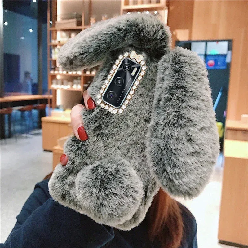 Color: pink, Material: POLYESTER - Warm Plush Rabbit Fluffy fur Cover for Samsung A15 A25 A35 A55 A14 A24 A34 A54 A13 A23 A33 A53 A12 A22 A32 A52 A51 Phone Case
