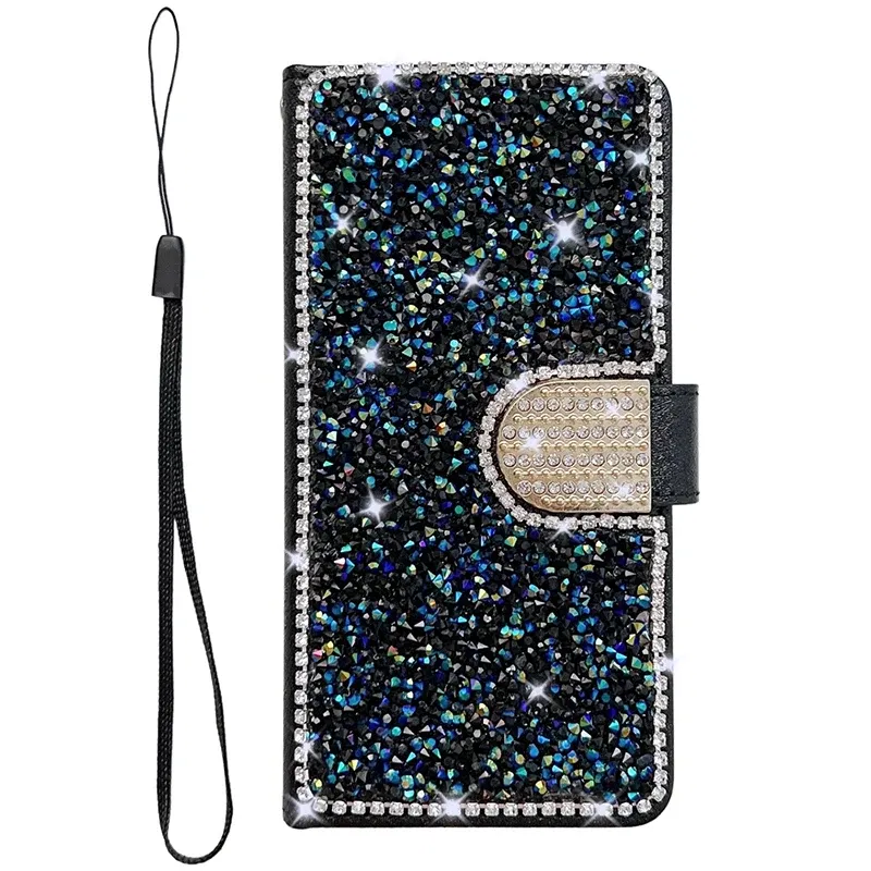 Color: black, Material: Wood - Glitter Diamond Wallet Leather Case For Samsung Galaxy A14 A15 A16 A35 A55 A34 A54 S25 Ultra S24 FE S23 S22 S21 S20 Plus