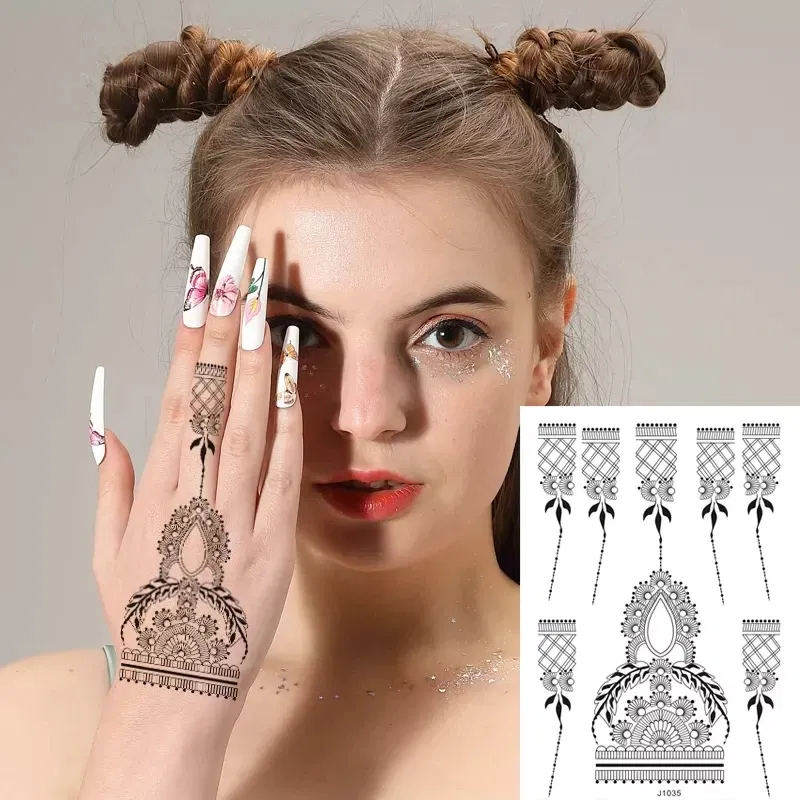 Color: Yellow, Ships From: CHINA - Black Henna Temporary Tattoos for Women Lace Flower Mehndi Sticker for Hand Fake Henna Tattoo Sticker Body Art Hena Tatoo