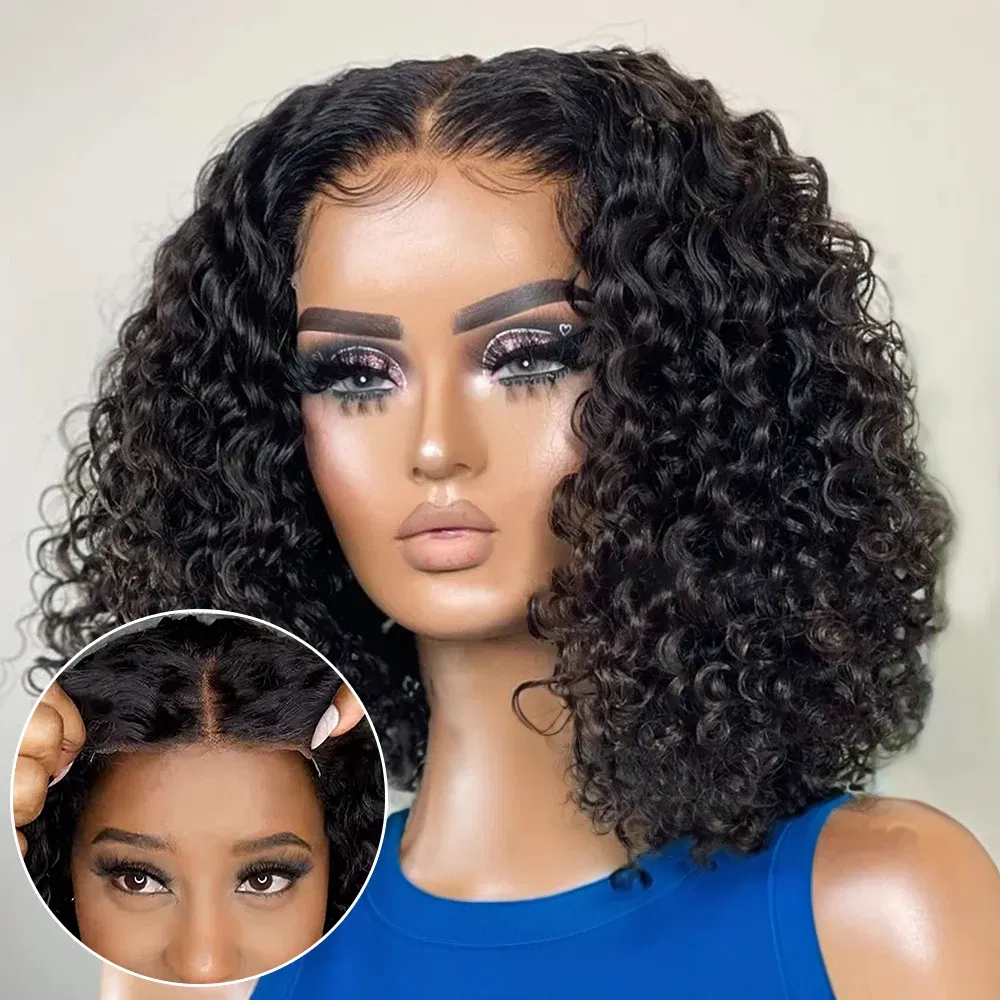 Hair Color: #1, Ships From: United States, Stretched Length: 8inches, Density: 180% - Water Wave Bob Wig Glueless Preplucked Human Wigs Ready To Go 13x4 Frontal Brazilian Wigs HD Transparent Lace Wig Deep Curls