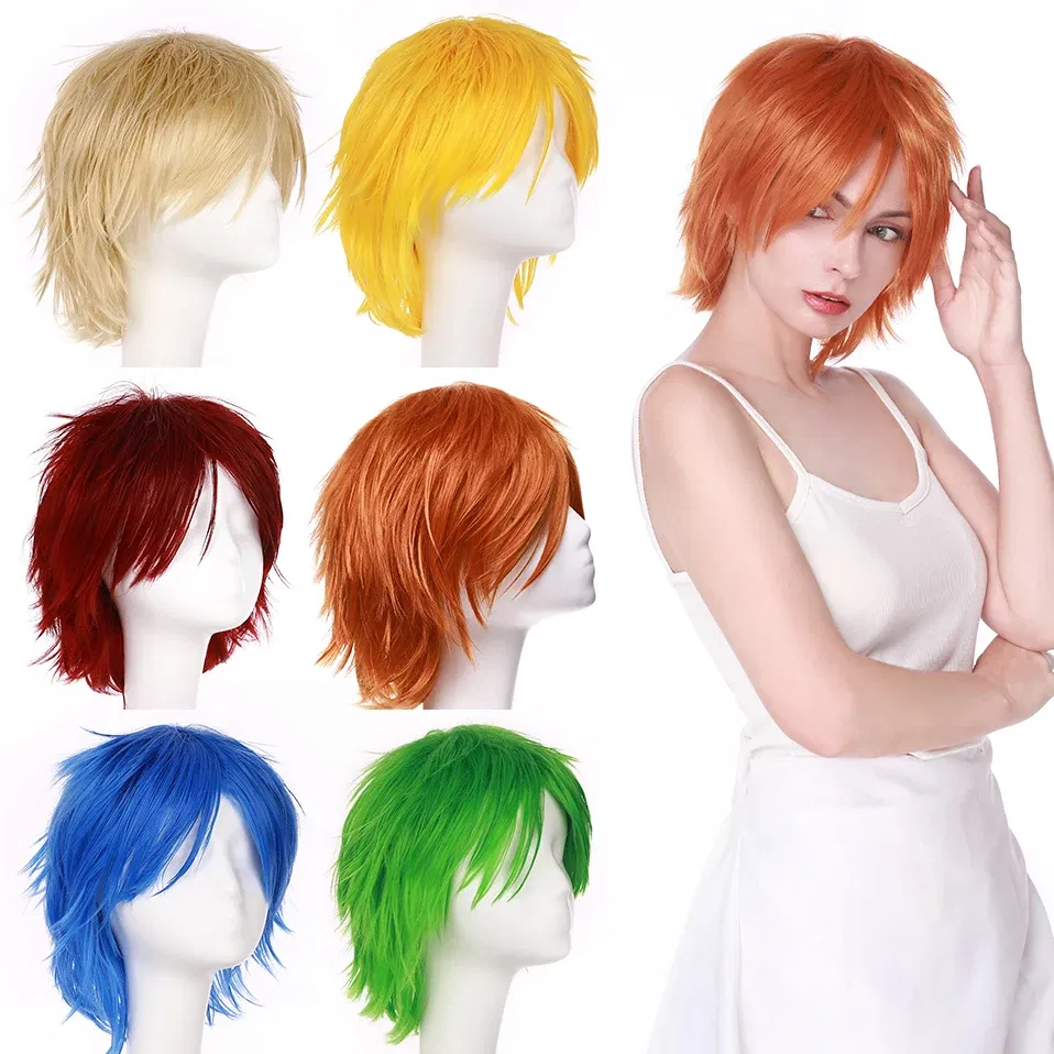 Color: #35, Ships From: CHINA, Stretched Length: 8inches - S-noilite Synthetic Short Wig Blue Brown Black Women Men Cosplay Costume Party Head Wigs Hair