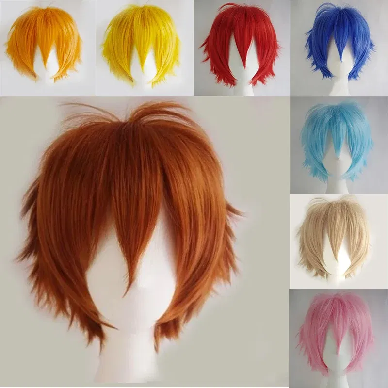Color: #35, Ships From: CHINA, Stretched Length: 8inches - S-noilite Synthetic Short Wig Blue Brown Black Women Men Cosplay Costume Party Head Wigs Hair