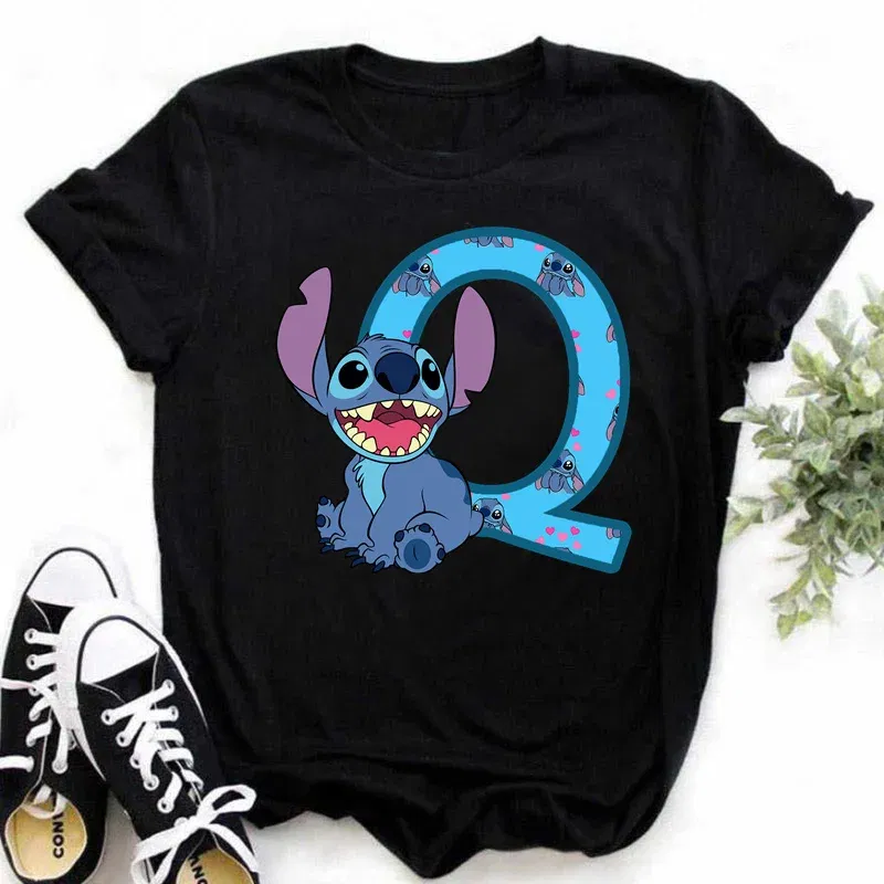 Color: WHITE, Size: XXXL - Disney Lilo&Stitch A-Z Alphabet Summer Women's Printed T-Shirt Women's Casual Tops T-Shirt Fashion Cartoon Plus Size T-Shirt