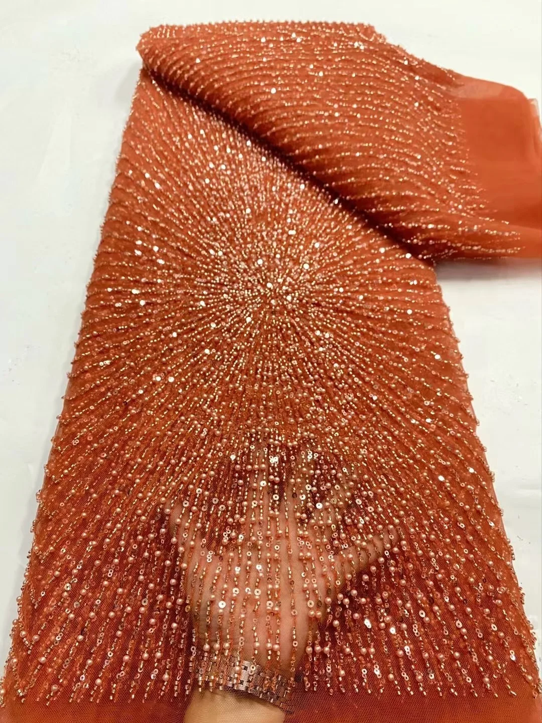 Color: Gold, Width: 120cm, Length: 5 yards - Wholesale Beaded Lace Fabric, French Mesh With Sequence, African Lace Fabric 2025 High Quality, Bridal Lace Fabric, Beaded Net