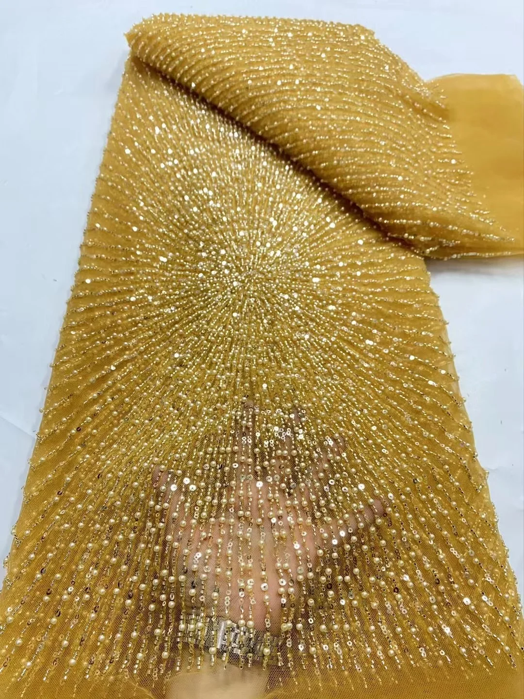 Color: Gold, Width: 120cm, Length: 5 yards - Wholesale Beaded Lace Fabric, French Mesh With Sequence, African Lace Fabric 2025 High Quality, Bridal Lace Fabric, Beaded Net