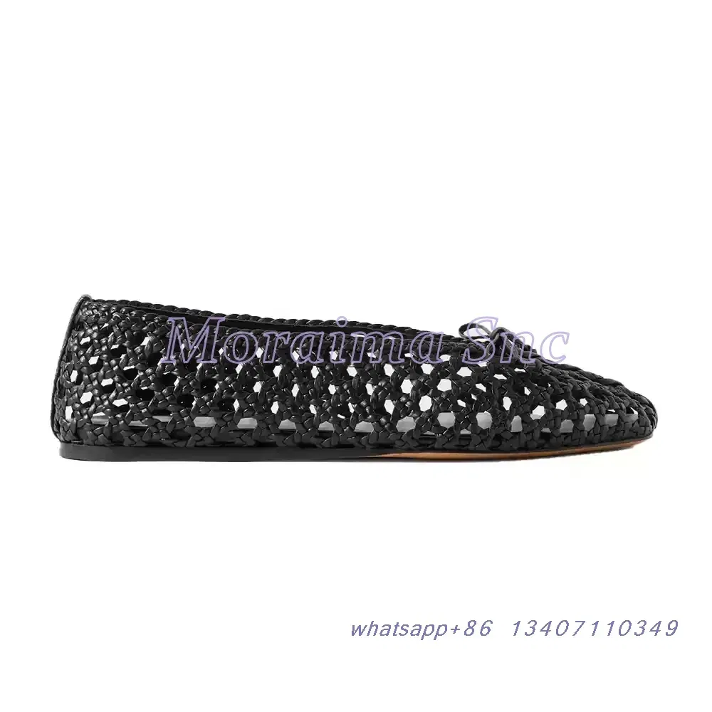 Color: black, Shoe Size: 38 - Hollow Woven Leather Ballet Shoes Flat With Round Toe Ankle Buckle Strap Fashion Shallow Women Shoes Mary Janes Summer New 2025