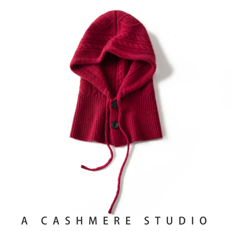 Color: camel, Size: One Size - 100%Quality Cashmere Balaclava Cap Women Warm Ring Scarf Beanie Hat Adjustable Elastic Windproof Hooded Neck Collar Knitted Hat