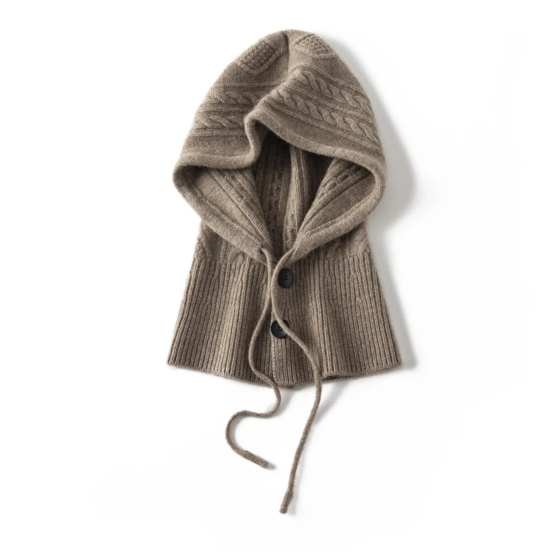 Color: camel, Size: One Size - 100%Quality Cashmere Balaclava Cap Women Warm Ring Scarf Beanie Hat Adjustable Elastic Windproof Hooded Neck Collar Knitted Hat