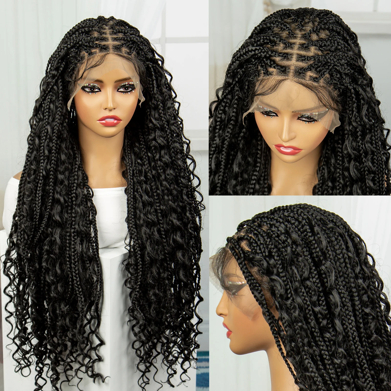 Color: #1, Ships From: CHINA, Wig Length: 36inches - 36" Knotless Box Boho Braided Wigs With Curly Ends Synthetic Lace Front Bohemian Braided Lace Wig with Baby Hair for Black Women