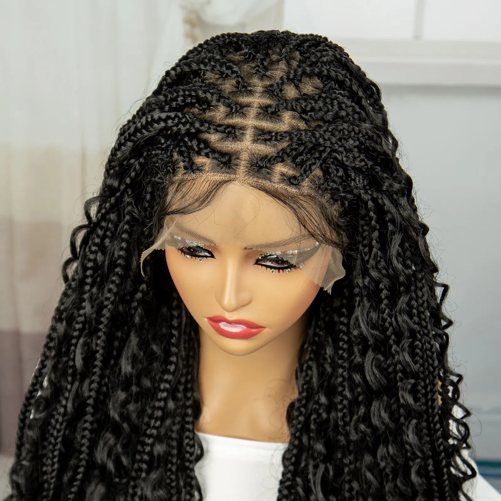 Color: #1, Ships From: CHINA, Wig Length: 36inches - 36" Knotless Box Boho Braided Wigs With Curly Ends Synthetic Lace Front Bohemian Braided Lace Wig with Baby Hair for Black Women