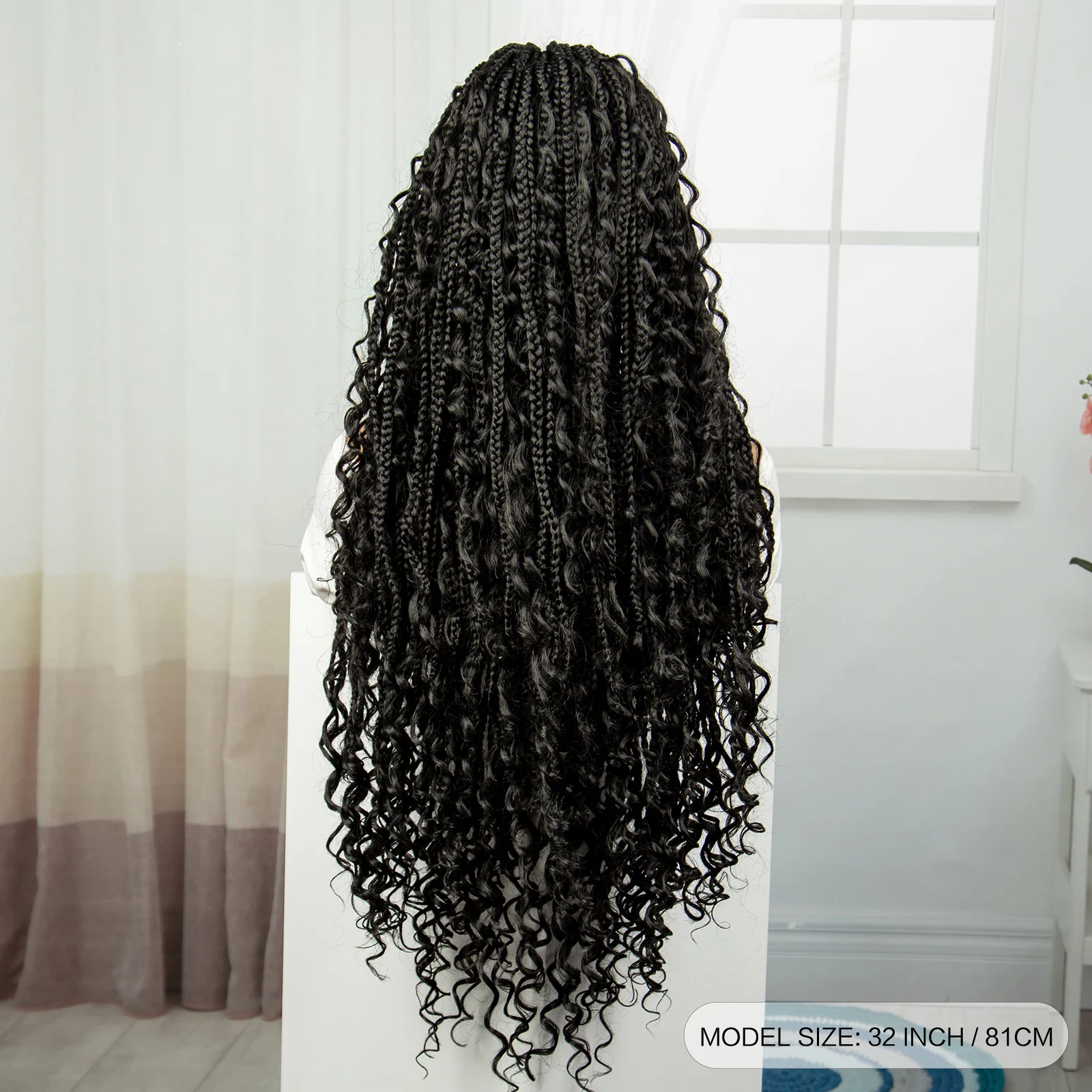 Color: #1, Ships From: CHINA, Wig Length: 36inches - 36" Knotless Box Boho Braided Wigs With Curly Ends Synthetic Lace Front Bohemian Braided Lace Wig with Baby Hair for Black Women
