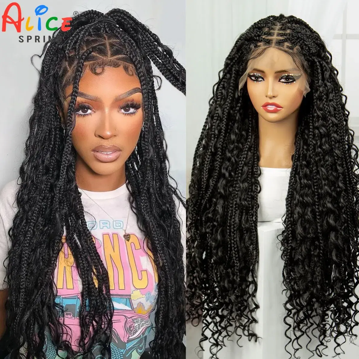 Color: #1, Ships From: CHINA, Wig Length: 36inches - 36" Knotless Box Boho Braided Wigs With Curly Ends Synthetic Lace Front Bohemian Braided Lace Wig with Baby Hair for Black Women