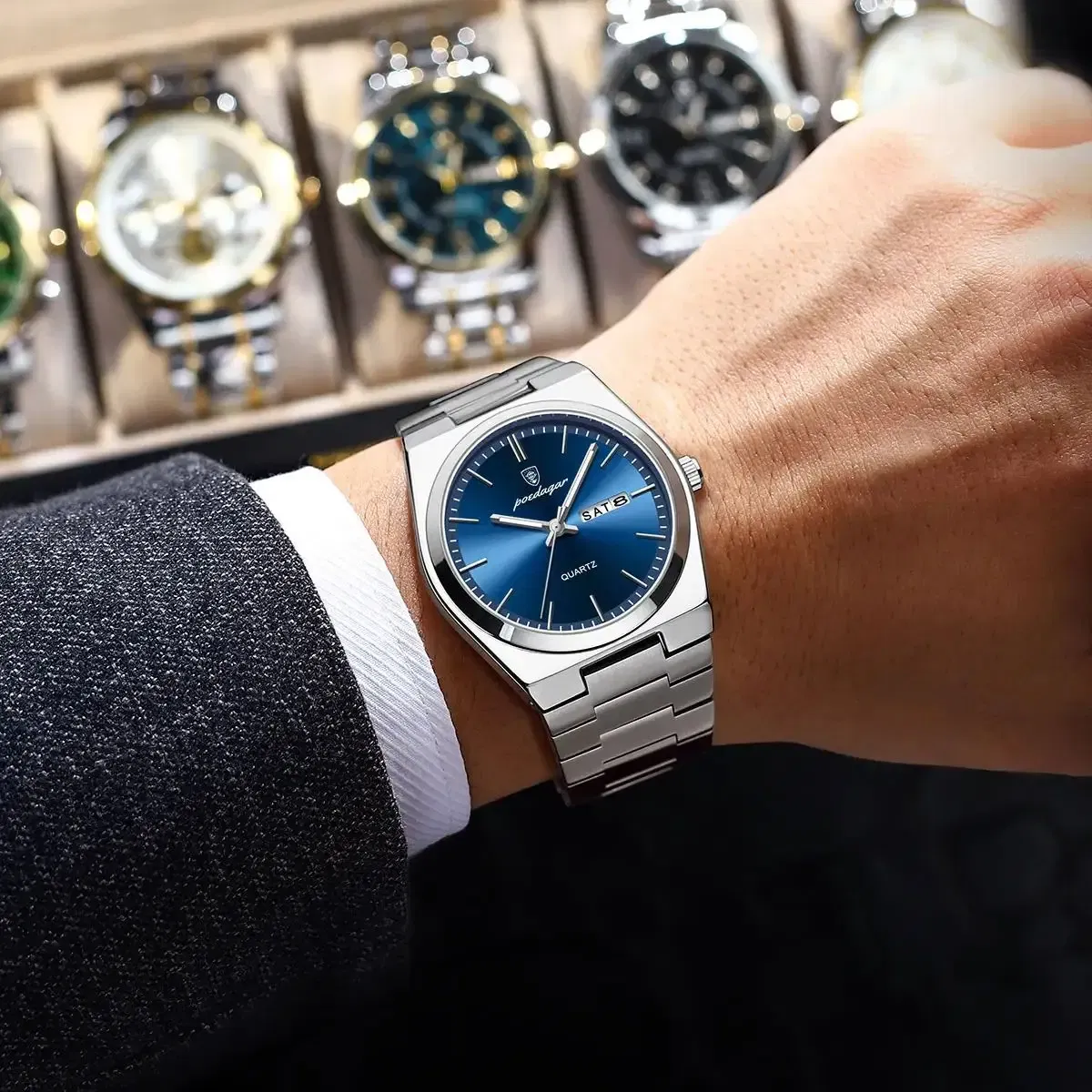Color: Coffee - POEDAGAR Luxury Watch For Man Waterproof Luminous Date Week Stainless Steel Men Watch Casual Quartz Men's Watches Male Clock+box