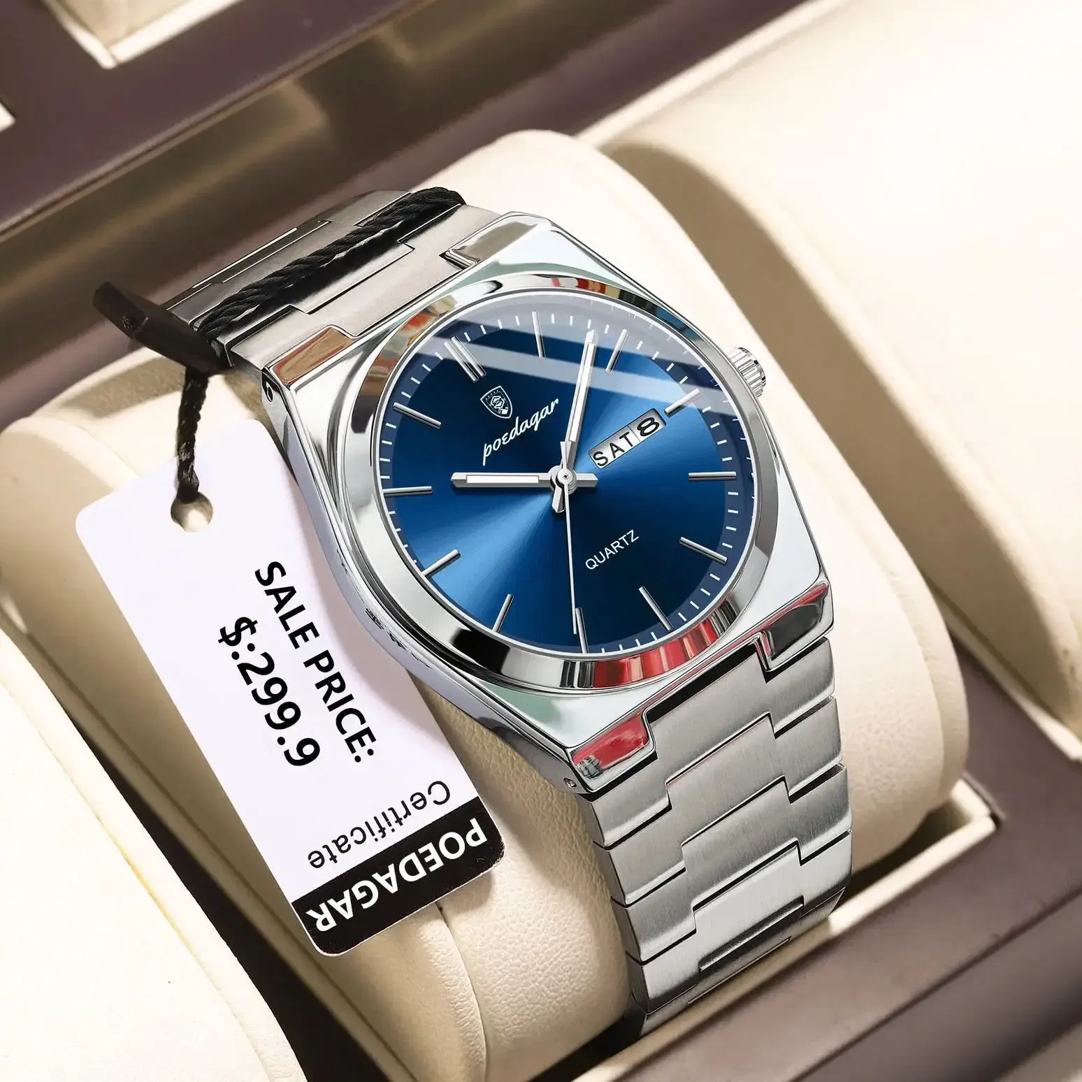 Color: Coffee - POEDAGAR Luxury Watch For Man Waterproof Luminous Date Week Stainless Steel Men Watch Casual Quartz Men's Watches Male Clock+box