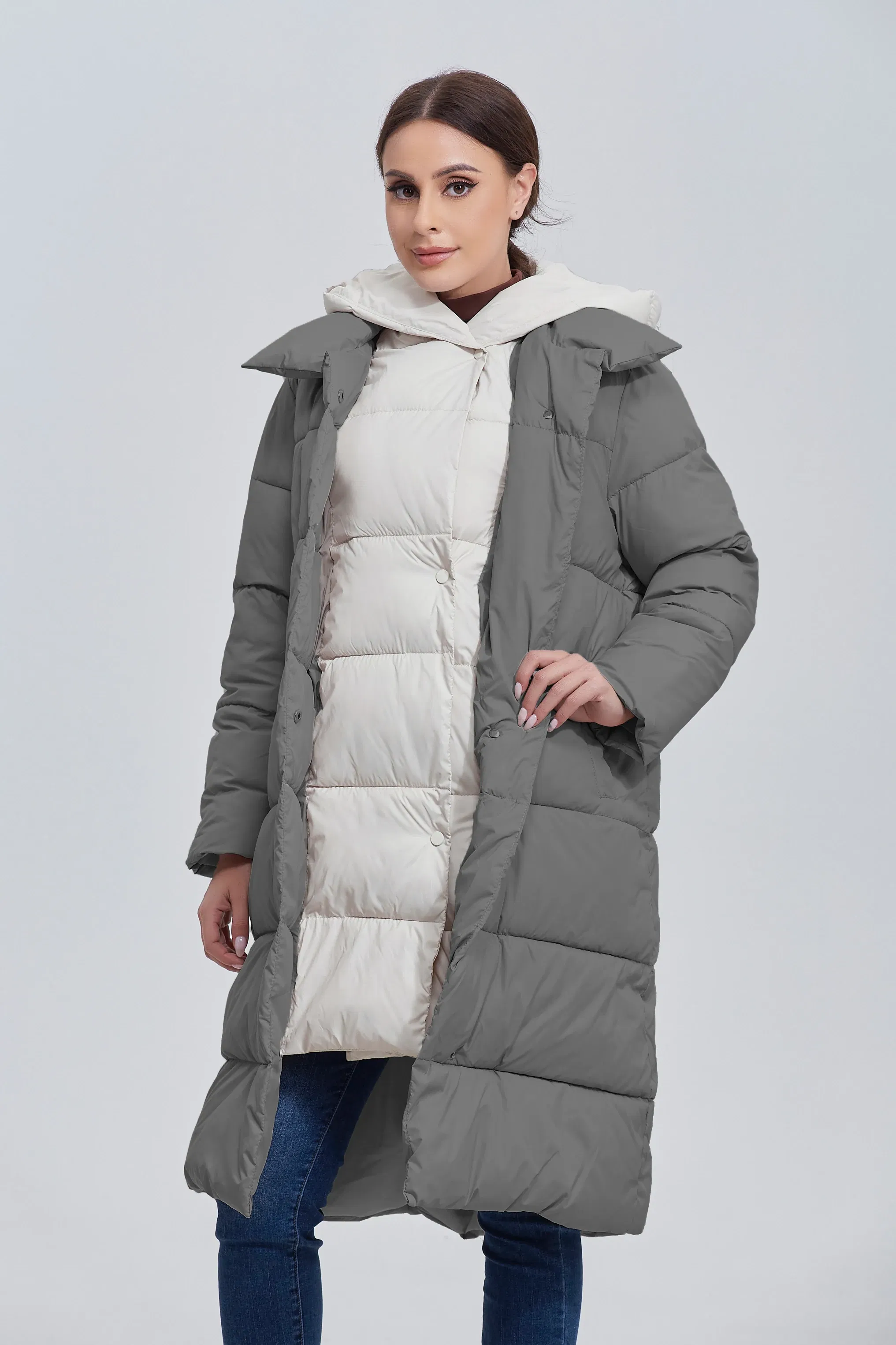 Color: Dark Grey, Size: L - Marwin 2023 Winter Elegant Women's Cotton Coat Stylish Collar Long Warm Hooded Jacket Female Windproof Parka