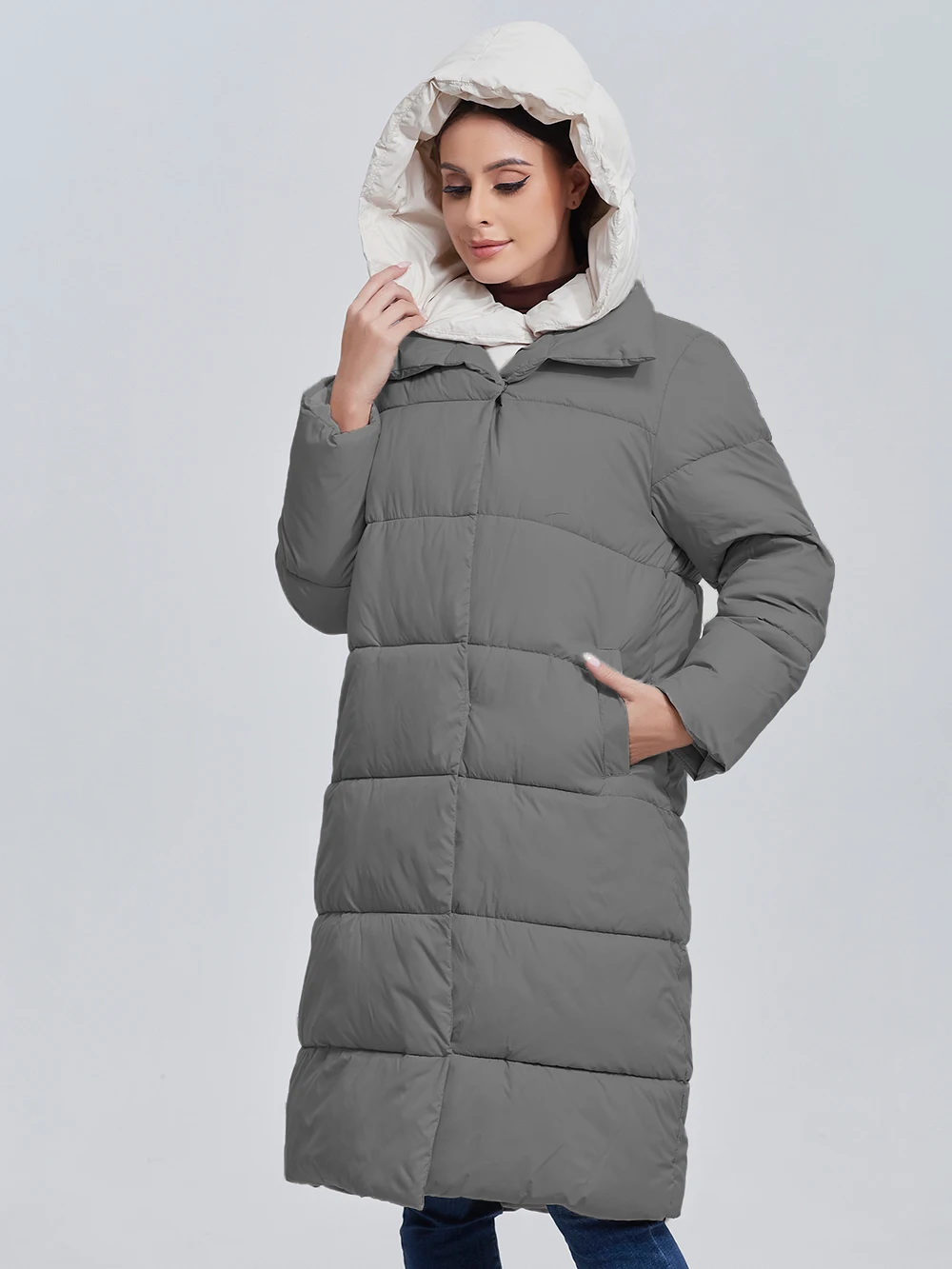 Color: Dark Grey, Size: L - Marwin 2023 Winter Elegant Women's Cotton Coat Stylish Collar Long Warm Hooded Jacket Female Windproof Parka