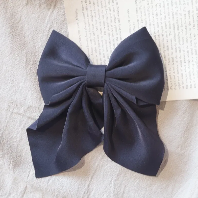 Color: Blue - Elegant Bow Ribbon Hair Clip Fashion Simple Solid Satin Spring Clip Hair Pin Retro Headband with Clips Girls Hair Accessories
