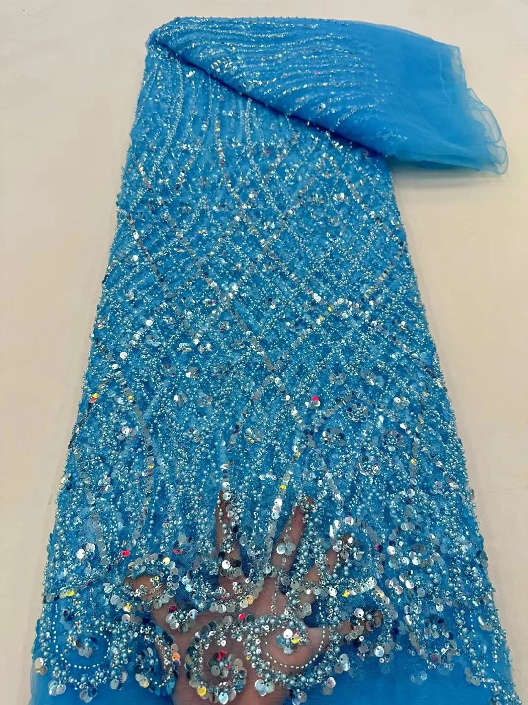 Color: green, Width: 120cm, Length: 5 yards - Ni Ai African Sequins Beaded Groom Lace Fabric High Quality French Tulle Lace Fabric 2025 Embroidery Nigerian Lace Fabrics