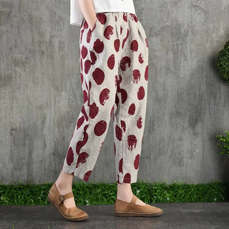 Color: Brown, Size: L - Cotton and Linen Pants for Women Summer Printing Harem Pants Female Mother Loose Retro Fashion Women's Ankle Length Pants