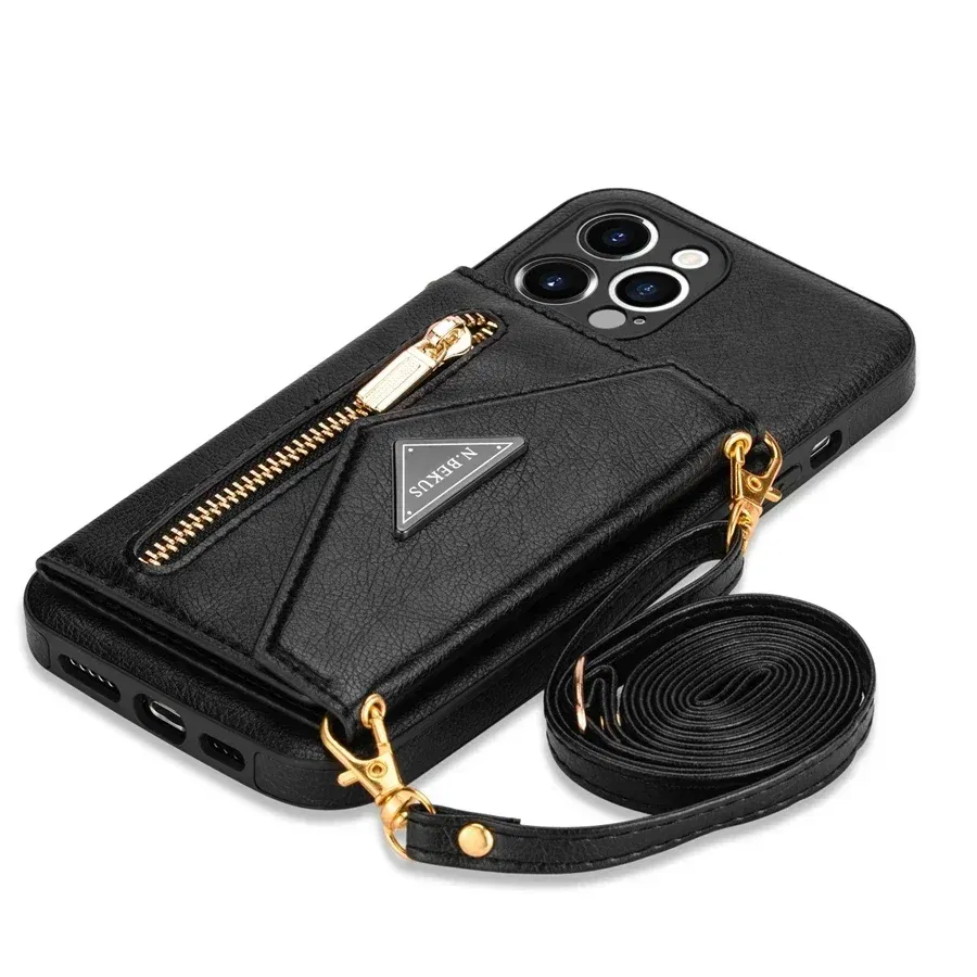Color: Brown, Material: Artificial Leather - Wallet Side Card Zipper Flip Crossbody Leather Case For iPhone 15 14 Pro Max 13 Mini 12 11 SE 2022 2020 X XS XR 8 7 6 6s Plus