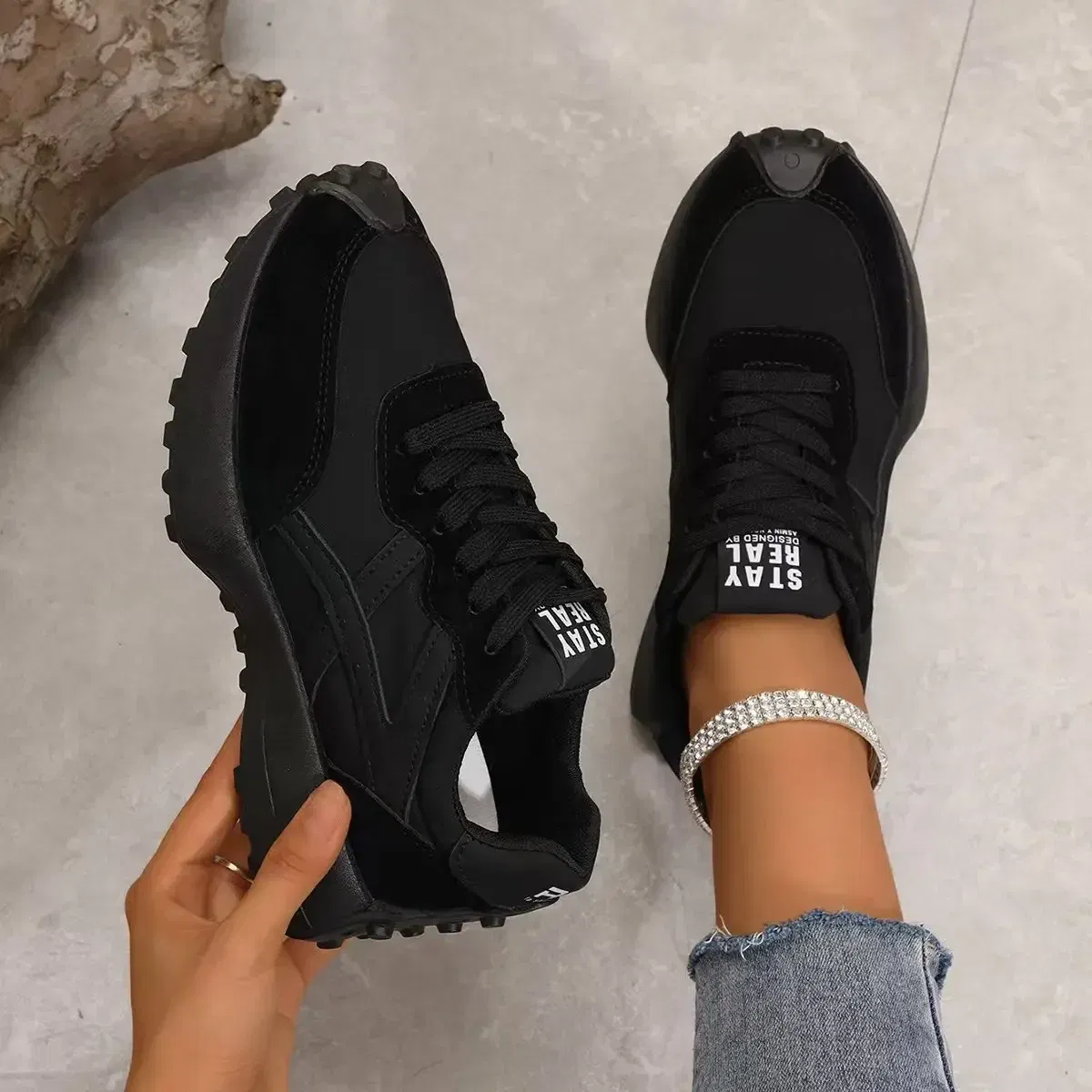 Color: Beige, Shoe Size: 37 - Women Sneakers Leather Luxury Platform Shoes New Fashion Leisure Light Anti-slip Black Running Shoe Fashion Designer Women Shoes
