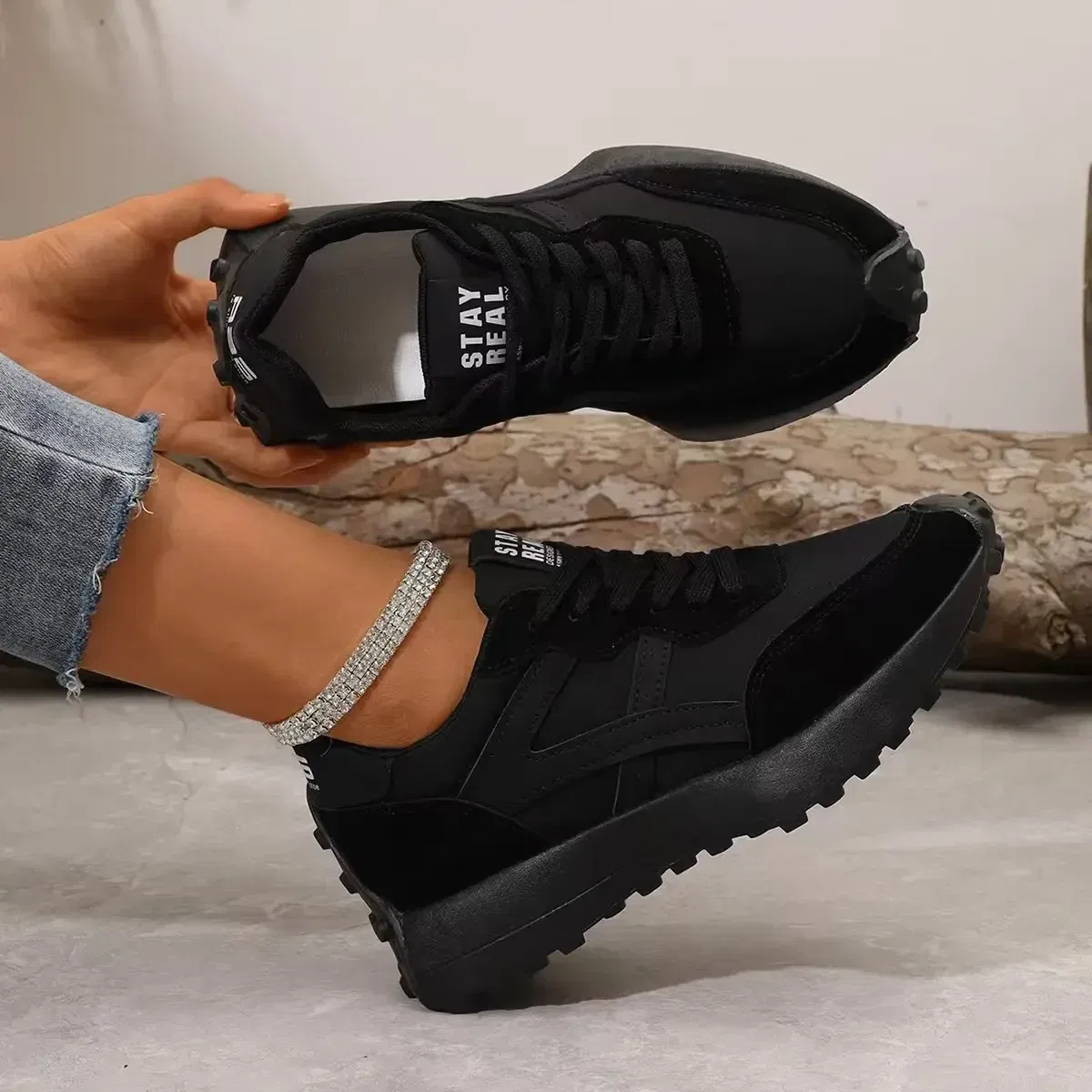 Color: Beige, Shoe Size: 37 - Women Sneakers Leather Luxury Platform Shoes New Fashion Leisure Light Anti-slip Black Running Shoe Fashion Designer Women Shoes