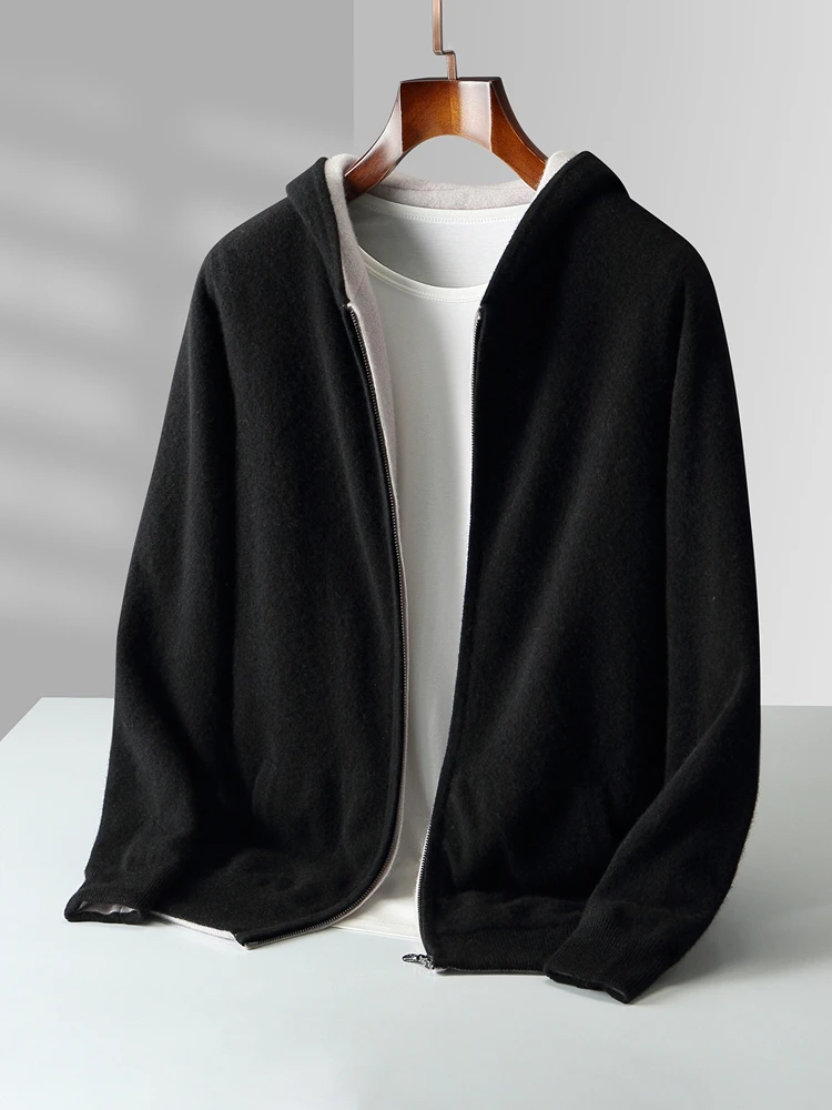 Color: Dark Grey, Size: M - Reversible Men's Wool Cardigan Sweater Autumn Winter Hooded Solid 100% Merino Wool Knitted Casual Simple Man Jackets Thick Warm
