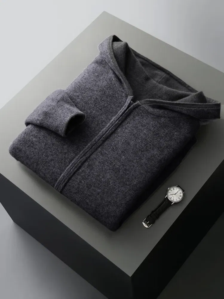 Color: Dark Grey, Size: M - Reversible Men's Wool Cardigan Sweater Autumn Winter Hooded Solid 100% Merino Wool Knitted Casual Simple Man Jackets Thick Warm