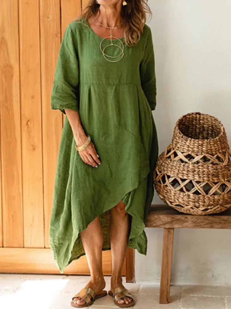 Color: SKY BLUE, Size: M - Women Autumn Summer Fashion O Neck Solid Pullover Dress Casual Loose Half Sleeve Irregular Dress Simple Linen Office Lady Dress
