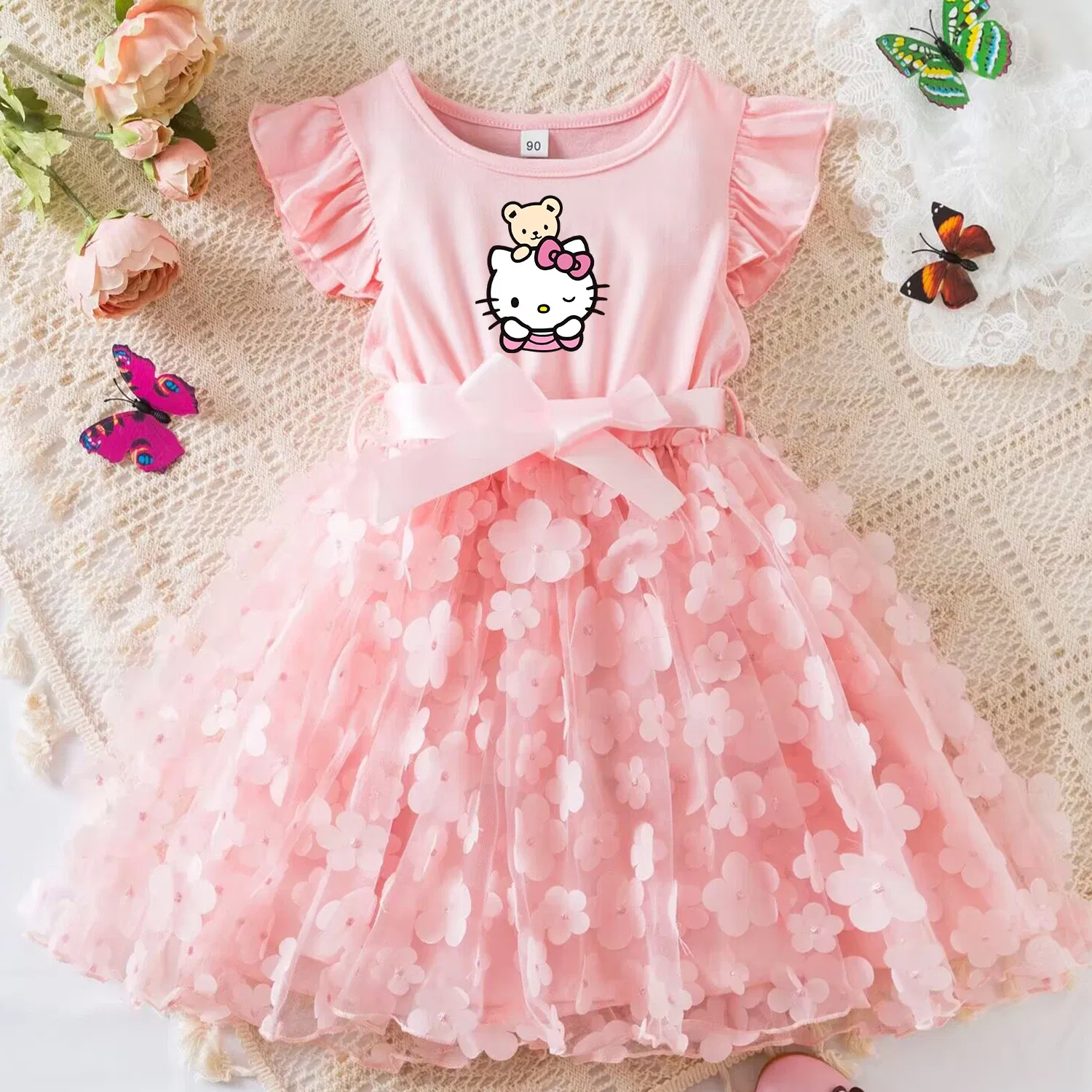 Color: black, Size: M - Hello Kitty Summer Dress for Kid's Casual Clothes 3D Butterfly Cute Baby Girls Princess Dress Party Dresses 2-6 Yrs