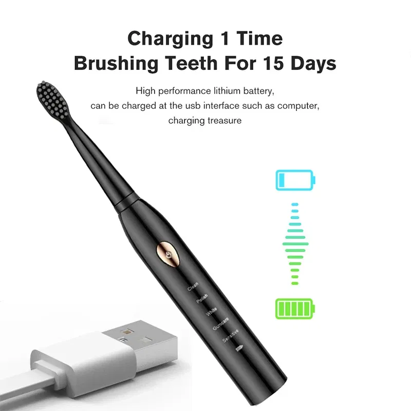 Color: Yellow - Electric Toothbrush 5-gear Mode USB Charging 4 colors IPX7 Waterproof Ultrasonic Rechargeable Soft Hair Toothbrush Adult Classic