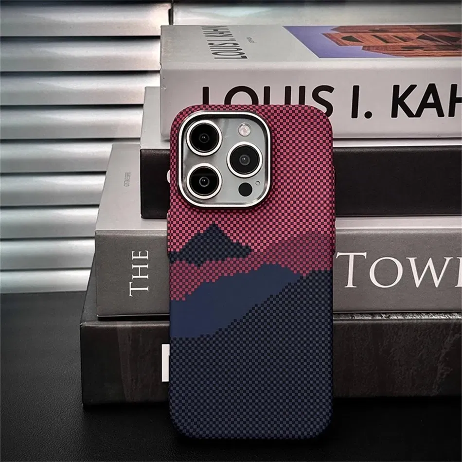 Color: Beige, Material: PP - Luxury Alloy Lens 3D Relief Peak Carbon Fibre Pattern Case For iPhone 13 14 15 16 Pro Max Slim Shockproof PC Cover For Magsafe