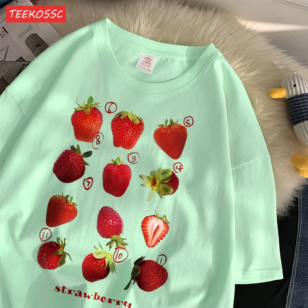 Color: Cyan, Size: S - 100% Cotton Women T-shirt Cute Fresh Strawberries Printed Tee Shirt Summer Comfortable Loose Tops Street Fashion Female Clothes