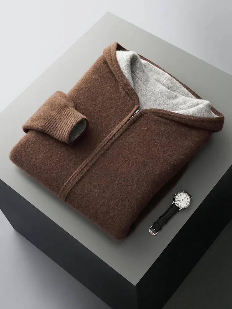 Color: Champagne, Size: XL - Reversible Men's Wool Cardigan Sweater Autumn Winter Hooded Solid 100% Merino Wool Knitted Casual Simple Man Jackets Thick Warm